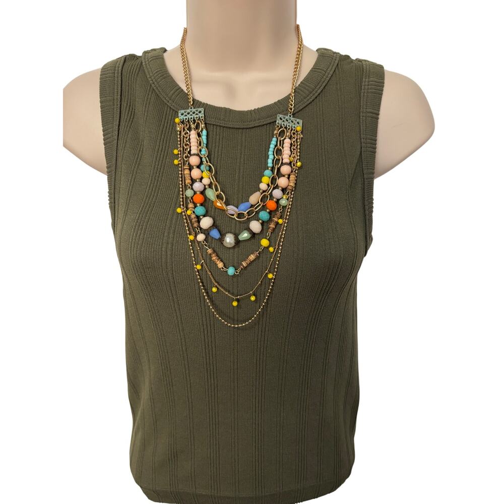 Plunder Women's Colorful Beaded Spring Gold Tone Chain Layered Necklace BOHO